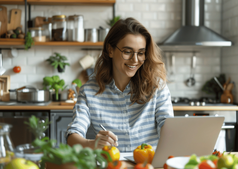 Happy female planning healthy meals with vegetables on the kitchen counter